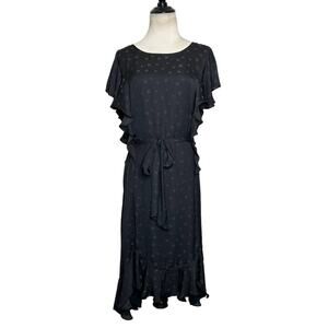 Max Studio Black Star Print Ruffle Flirty Hi-lo hem Belted Dress Size Large